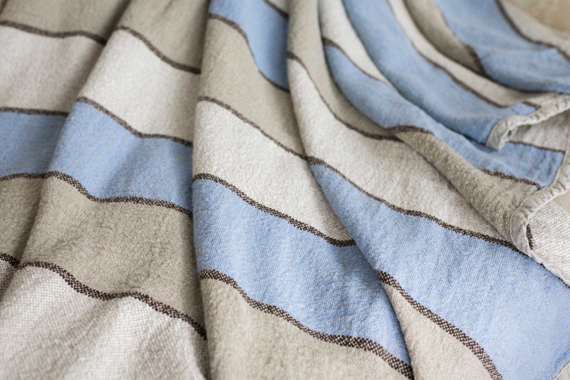 BLESS LINEN 100% Linen Throw Blanket, 87 x 83 Inches, Blue Striped