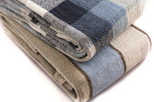 BLESS LINEN 100% Linen Throw Blanket, 87 x 83 Inches, Blue/Grey Plaid